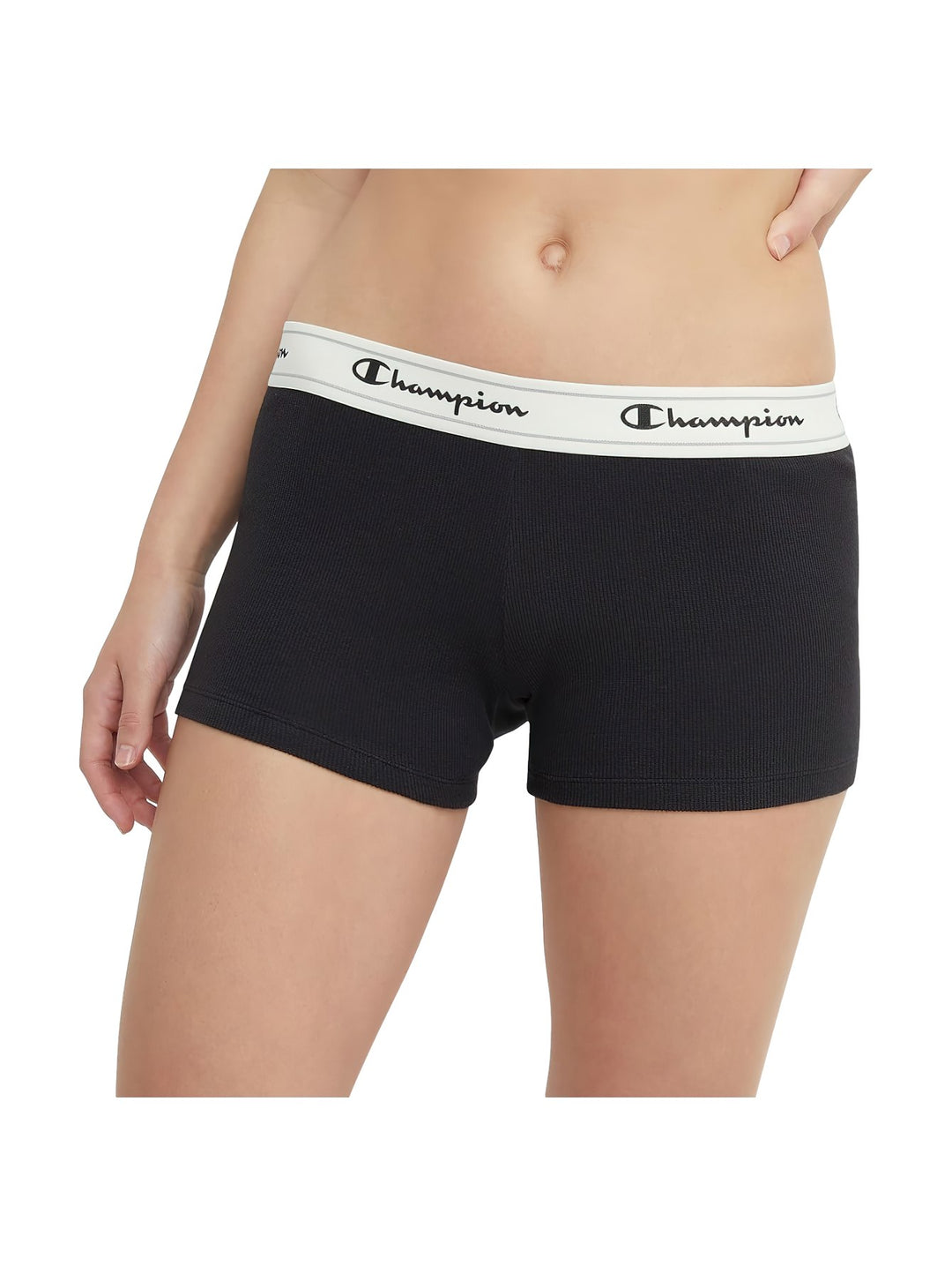 Ropa interior tipo boyshort color negro con banda elástica blanca de la marca Champion.