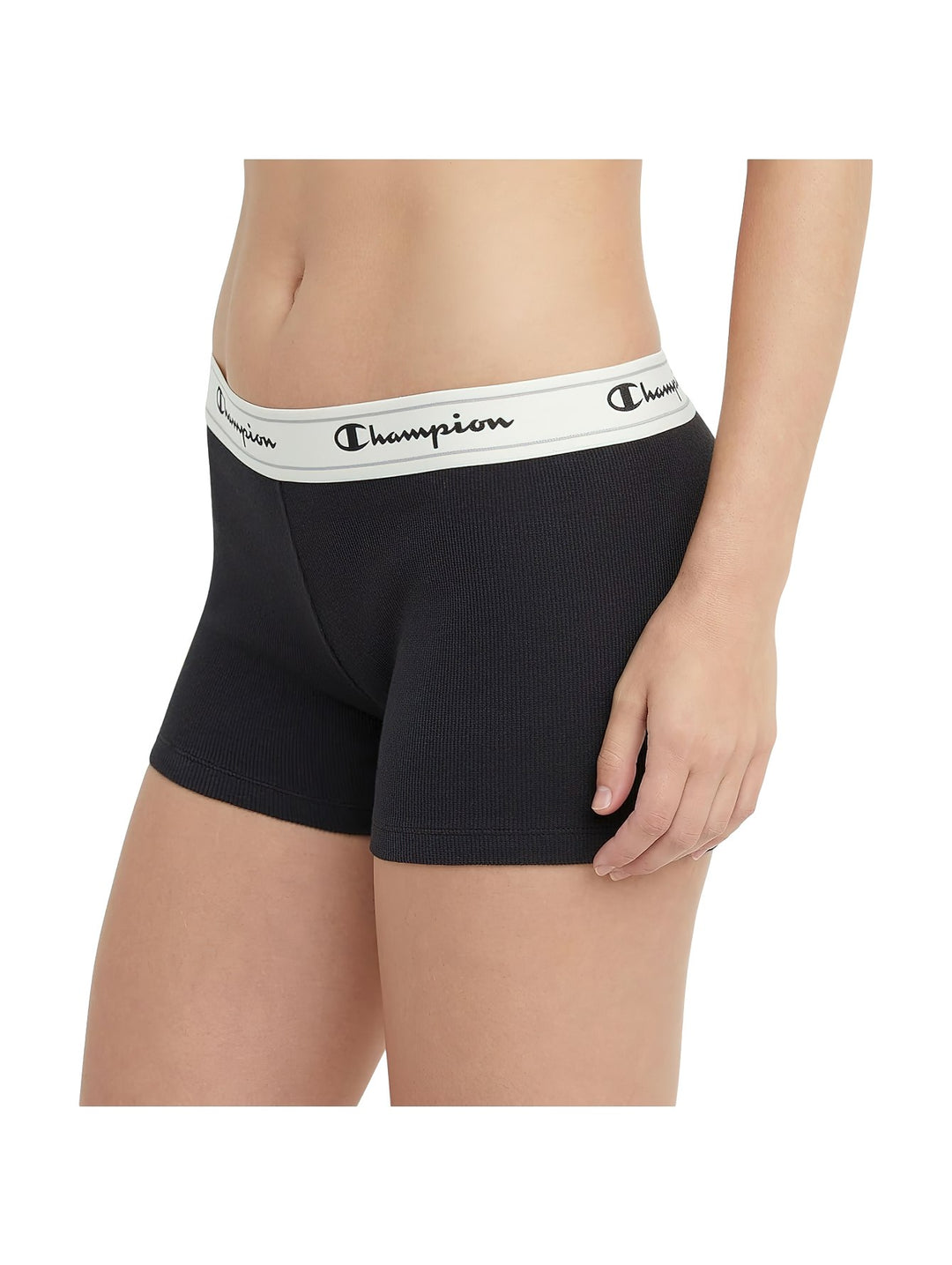 Ropa interior tipo boyshort color negro con banda elástica blanca de la marca Champion.