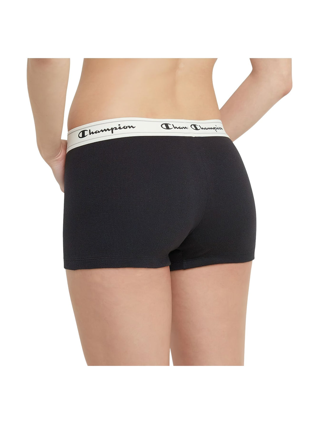 Ropa interior tipo boyshort color negro con banda elástica blanca de la marca Champion.