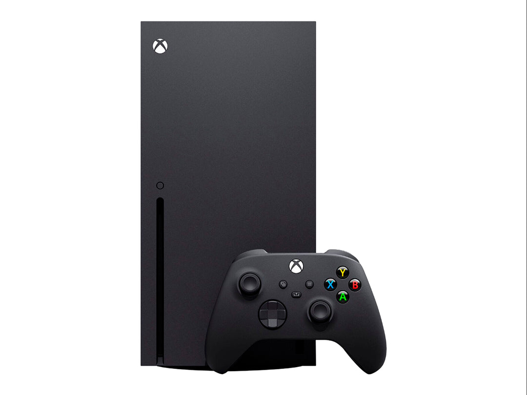 Consola Microsoft Xbox Series X de color negro con su control inalámbrico sobre fondo blanco.