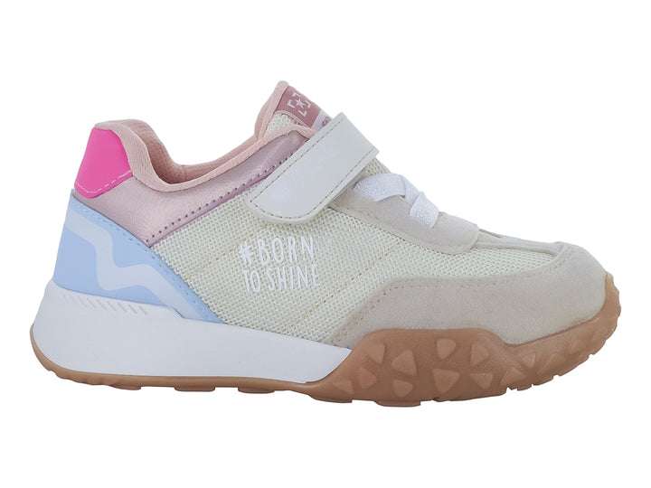 Tenis deportivos para niña en color beige claro con detalles en rosa y azul, cierre de velcro y suela café.