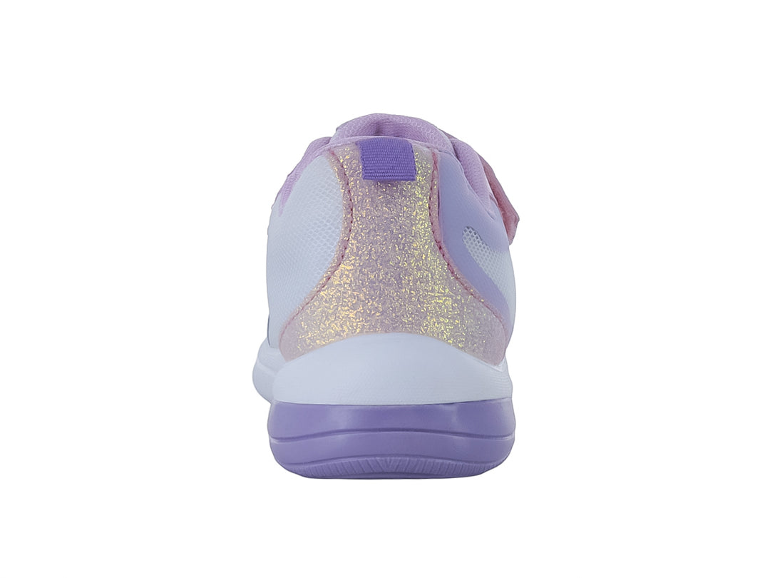 Tenis deportivos para niña en colores blanco, morado y rosa con cierre de velcro y detalles brillantes.