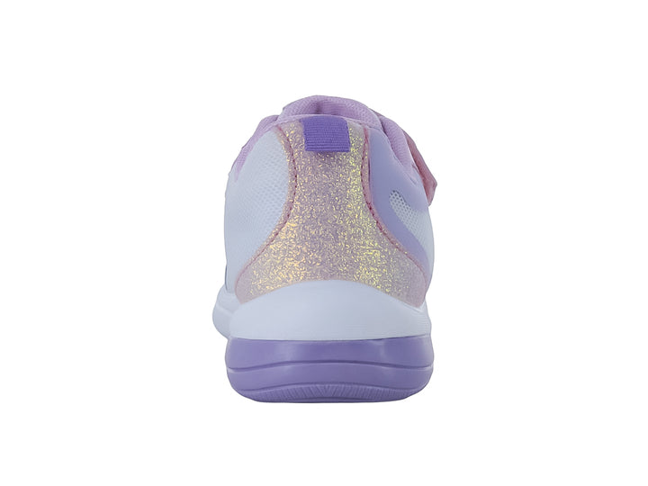 Tenis deportivos para niña en colores blanco, morado y rosa con cierre de velcro y detalles brillantes.