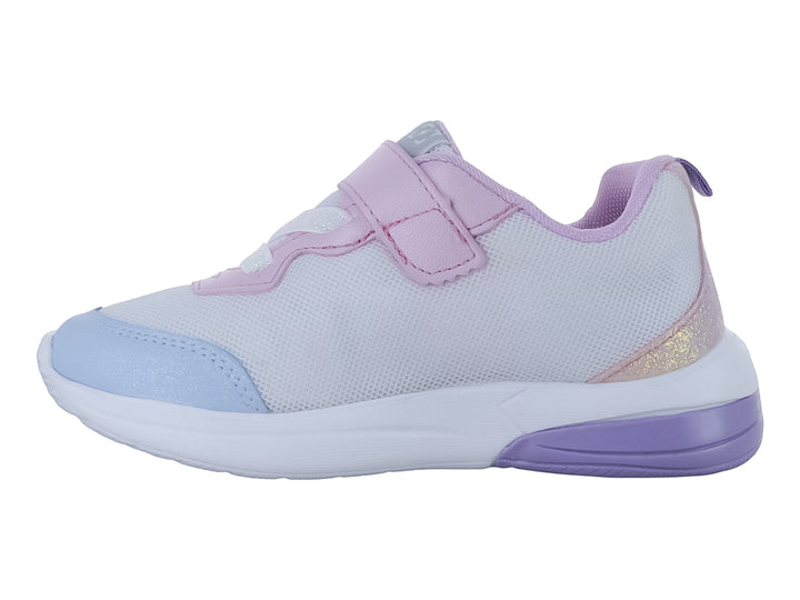Tenis deportivos para niña en colores blanco, morado y rosa con cierre de velcro y detalles brillantes.