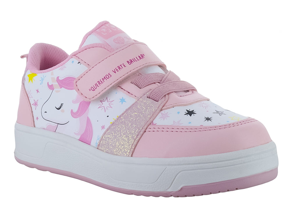 Tenis rosa claro para niña con diseño de unicornio, detalles brillantes y cierre de velcro.