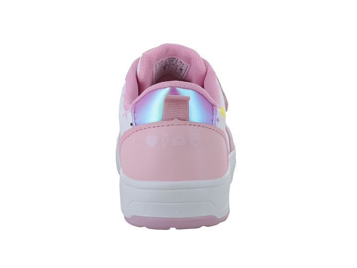 Tenis rosa claro para niña con diseño de unicornio, detalles brillantes y cierre de velcro.