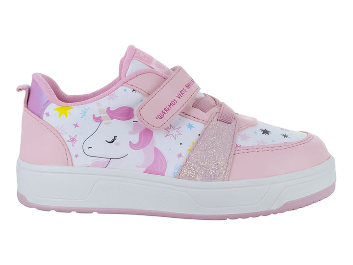 Tenis rosa claro para niña con estampado de unicornio, detalles brillantes y cierre de velcro.