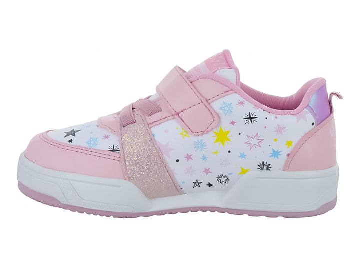 Tenis rosa claro para niña con estampado de unicornio, detalles brillantes y cierre de velcro.