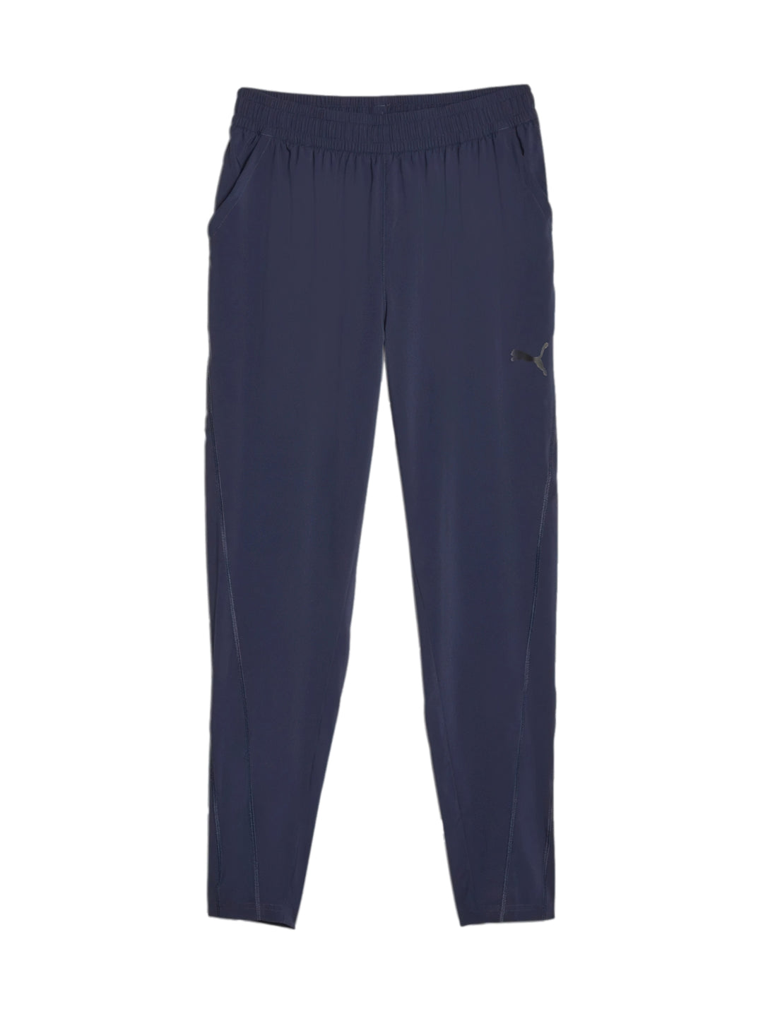 Pantalones deportivos PUMA FIT WOVEN TAPERED en color azul marino con cintura elástica.