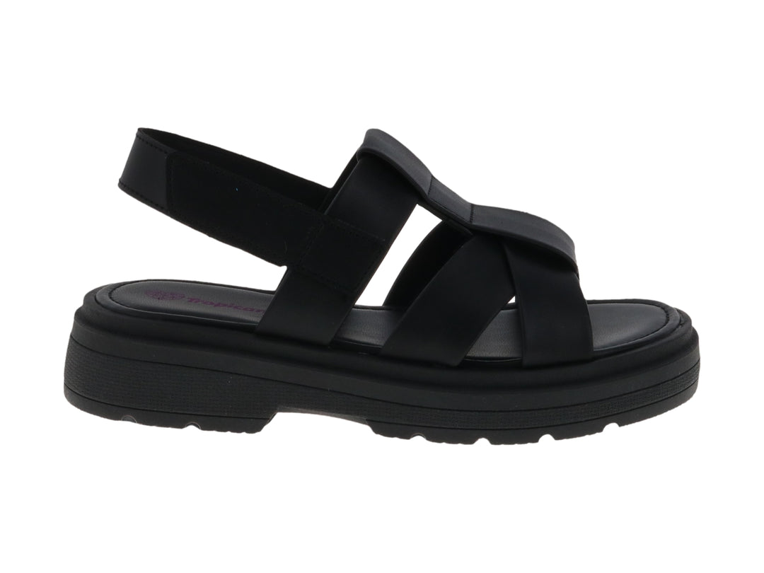 Sandalia Tropicana de color negro con plataforma y tiras cruzadas sobre fondo blanco.