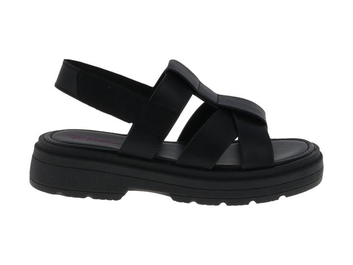 Sandalia Tropicana de color negro con plataforma y tiras cruzadas sobre fondo blanco.
