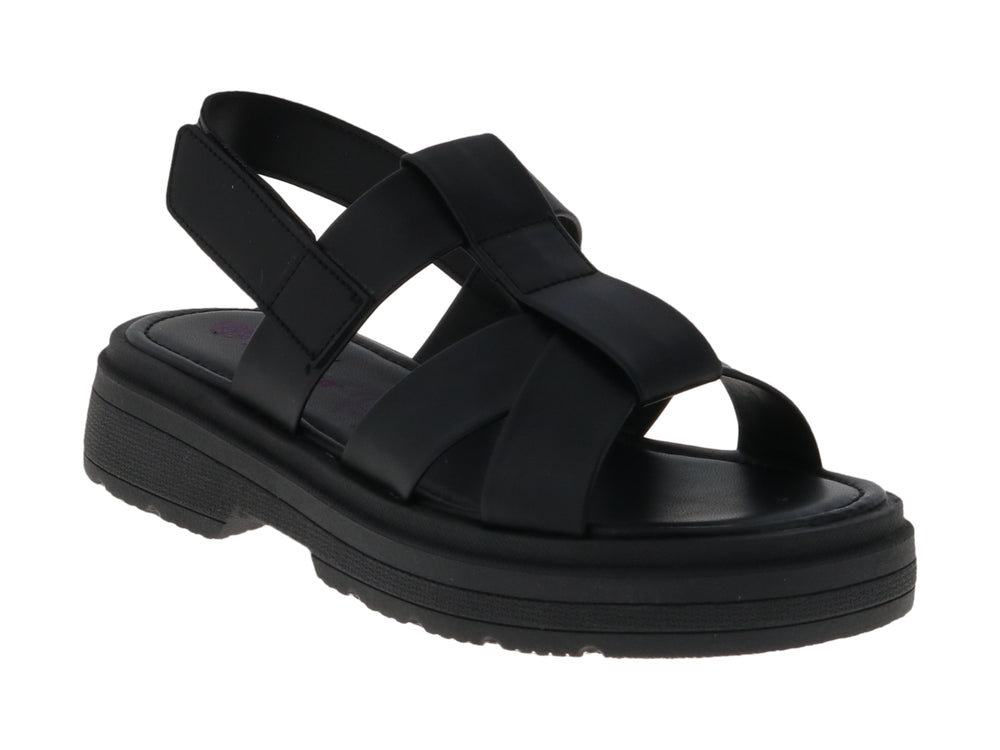 Sandalia Tropicana de color negro con plataforma y tiras cruzadas sobre fondo blanco.
