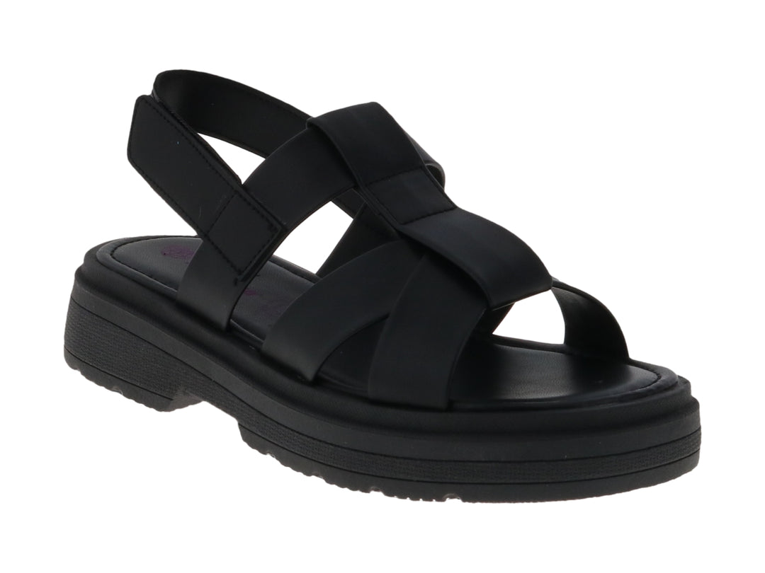 Sandalia Tropicana de color negro con plataforma y tiras cruzadas sobre fondo blanco.