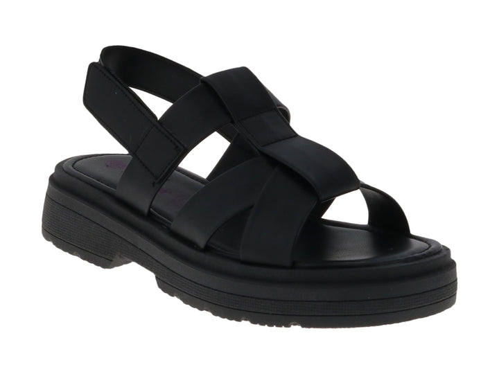 Sandalia Tropicana de color negro con plataforma y tiras cruzadas sobre fondo blanco.