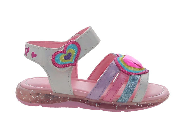 Sandalia para niña color blanco y rosa con detalles brillantes de arcoíris y corazones.