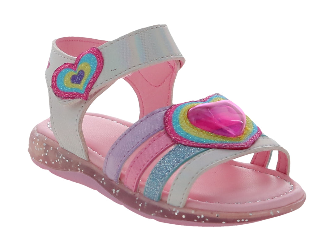 Sandalia para niña color blanco y rosa con detalles brillantes de arcoíris y corazones.