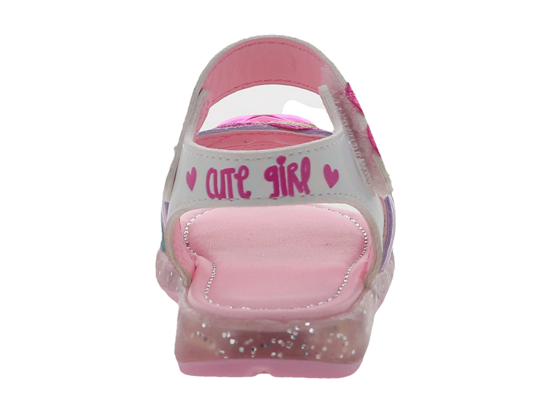 Sandalia para niña color blanco y rosa con detalles brillantes de arcoíris y corazones.