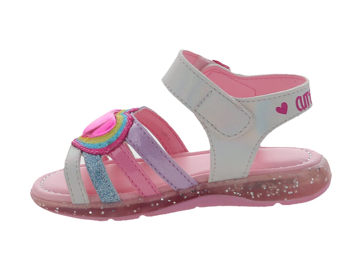 Sandalia para niña color blanco y rosa con detalles brillantes de arcoíris y corazones.