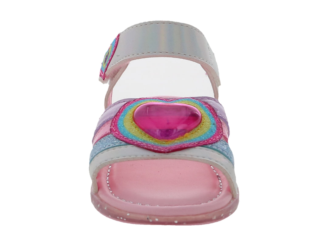 Sandalia para niña color blanco y rosa con detalles brillantes de arcoíris y corazones.