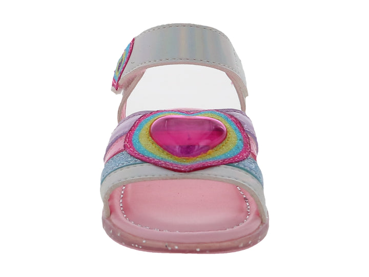 Sandalia para niña color blanco y rosa con detalles brillantes de arcoíris y corazones.