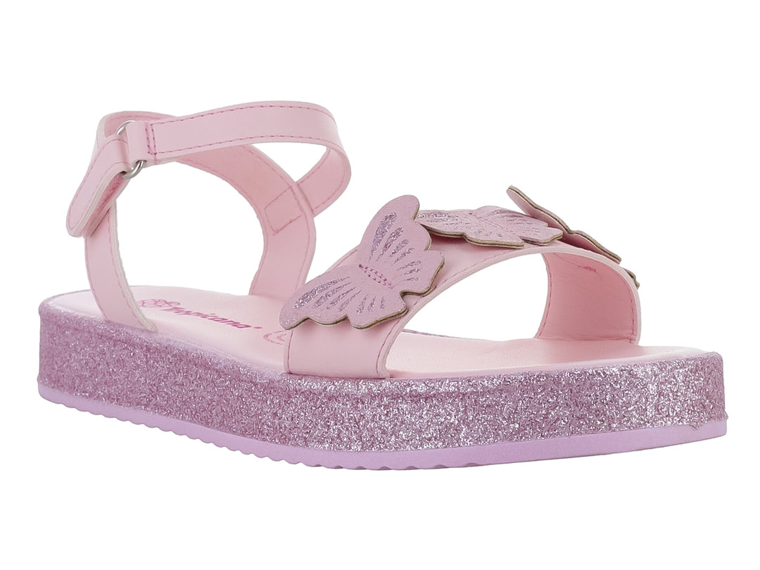 Sandalia rosa claro para niña con plataforma de glitter y detalle de mariposa en la parte superior.