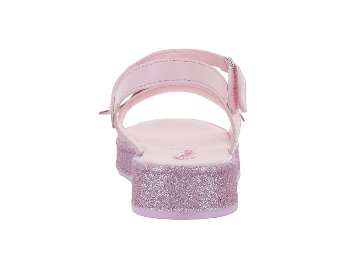 Sandalia rosa claro para niña con plataforma de glitter y detalle de mariposa en la parte superior.