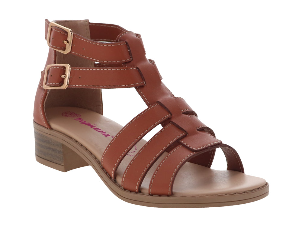 Sandalia color camel para mujer con tacón bajo, correas ajustables y hebillas doradas.