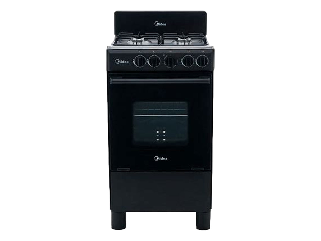 Estufa Midea negra con cubierta de acero inoxidable y horno integrado.