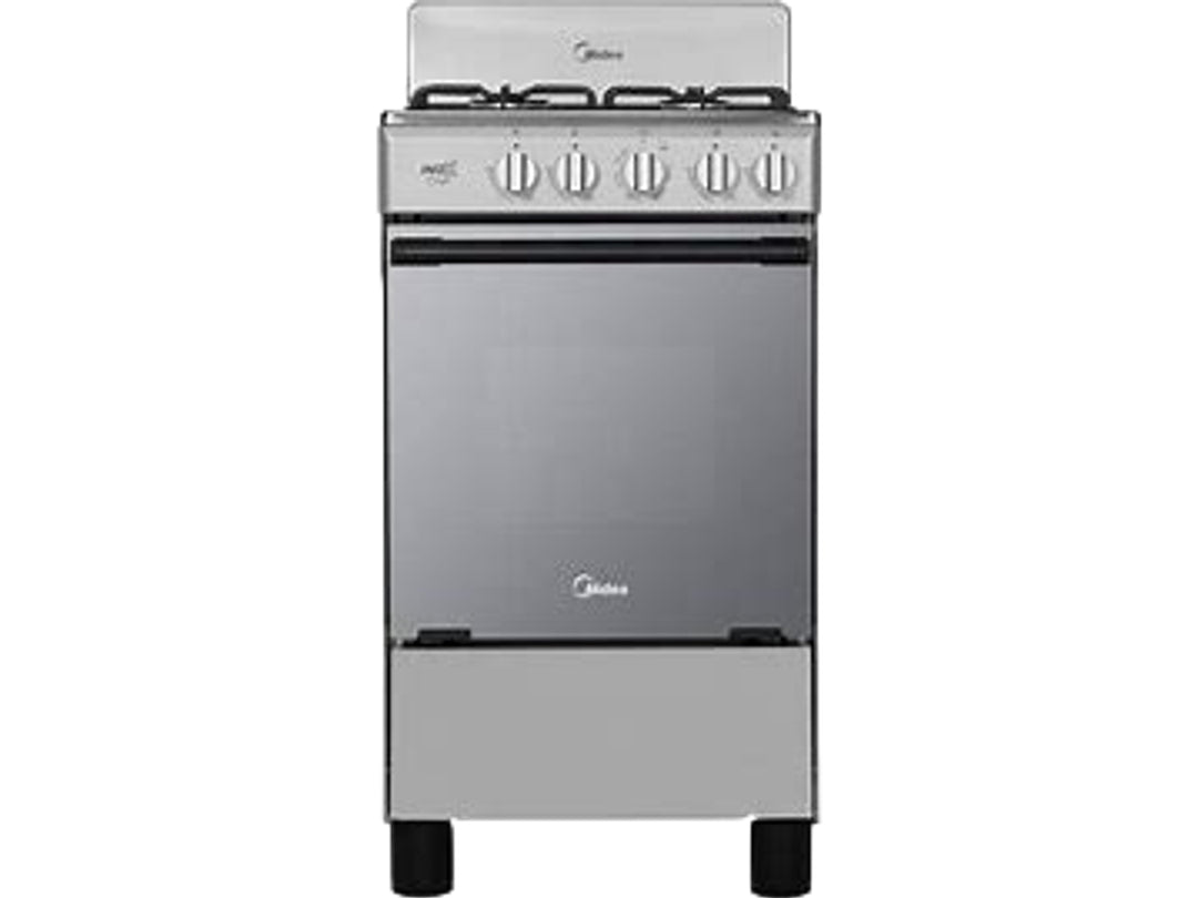 Estufa Midea de 20 pulgadas en color plata con cubierta de acero inoxidable y horno integrado.