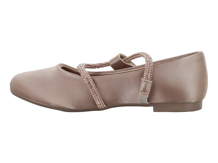 Zapato plano tipo ballerina color oro rosado con correa brillante para niña.