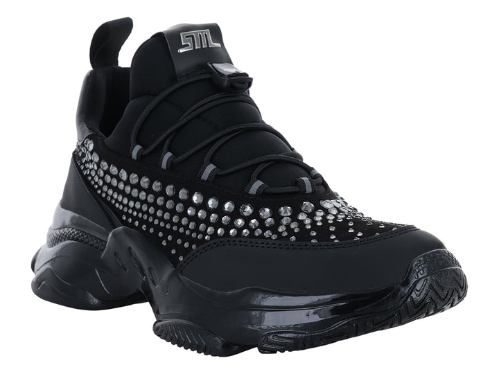 Tenis deportivos negros Steve Madden con detalles de cristales y suela chunky brillante.