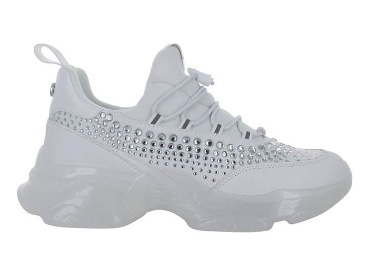 Tenis blancos de plataforma Steve Madden con incrustaciones de cristales brillantes en el lateral.