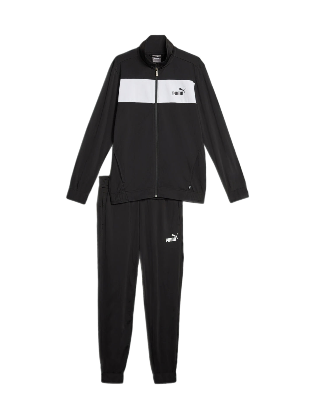 Conjunto deportivo PUMA negro con franja blanca en la chaqueta y pantalón a juego.