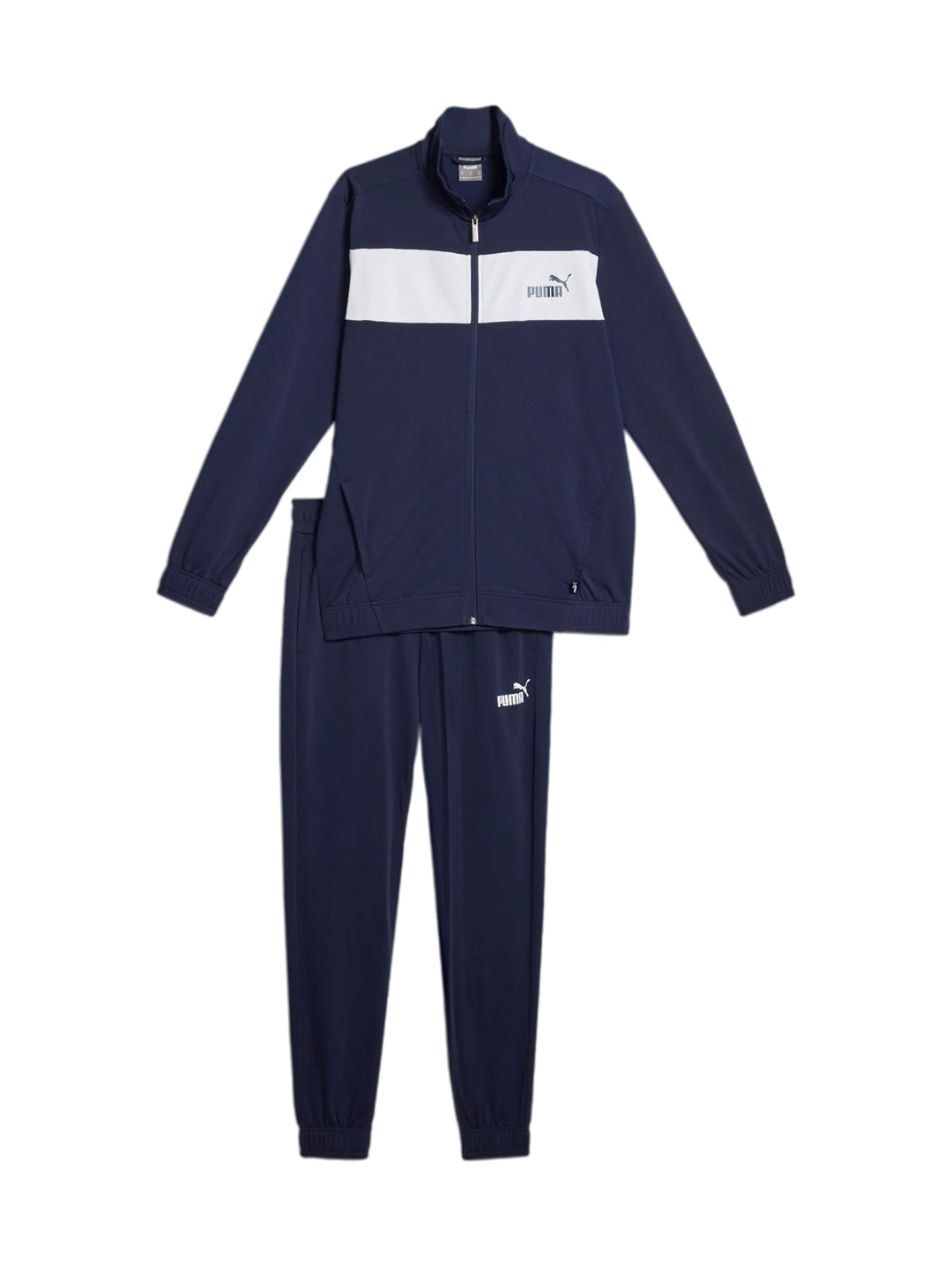 Conjunto deportivo PUMA azul marino con franja blanca en la chaqueta y pantalón a juego.