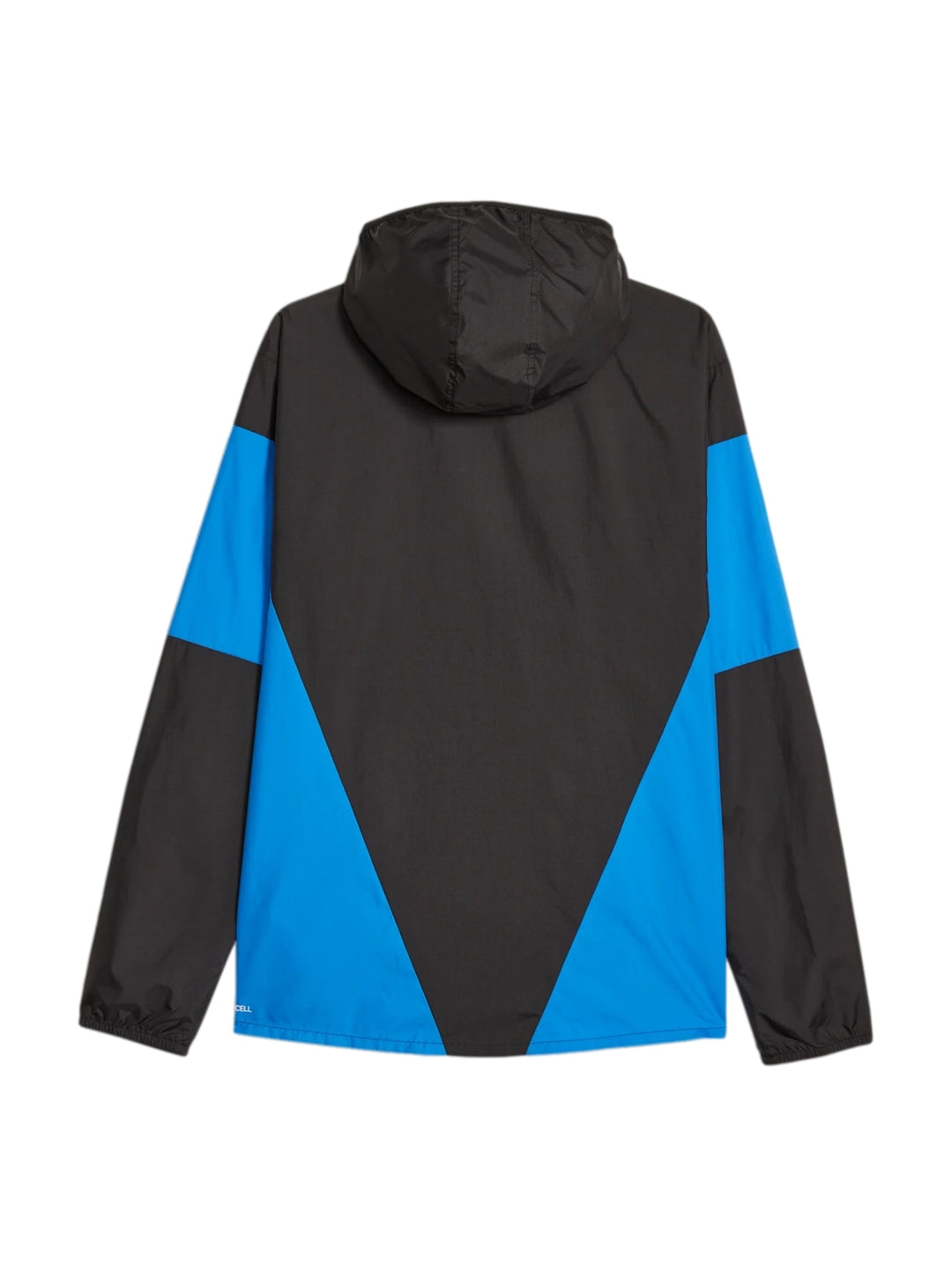 Chaqueta deportiva PUMA ligera en colores negro y azul con capucha y cierre frontal rojo.
