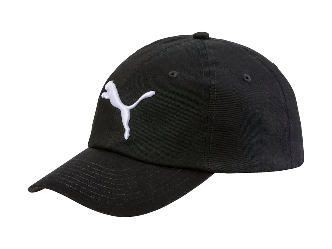 Gorra de béisbol color negro con el logotipo del gato Puma bordado en blanco en la parte frontal.