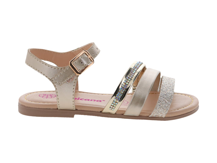Sandalia plana para niña color dorado con correas de glitter y pedrería multicolor.