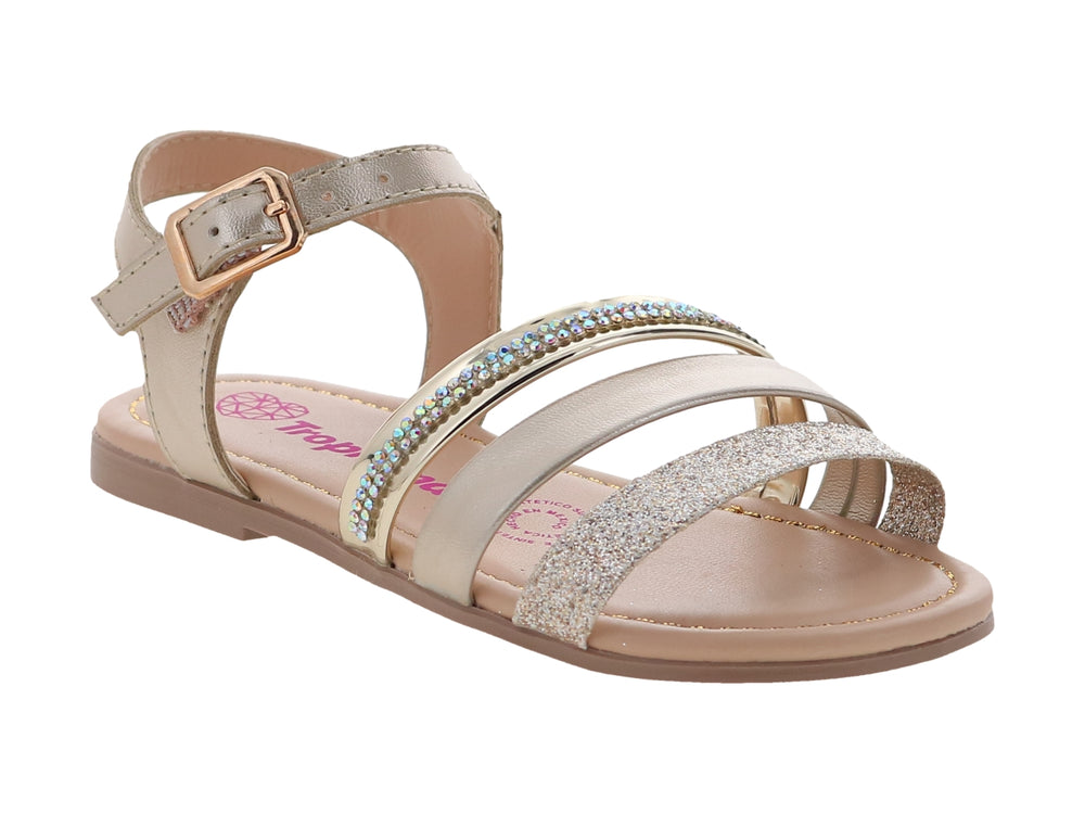 Sandalia plana para niña color dorado con correas de glitter y pedrería multicolor.