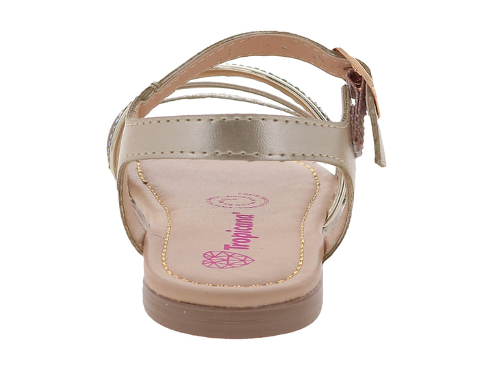 Sandalia plana para niña color dorado con correas de glitter y pedrería multicolor.