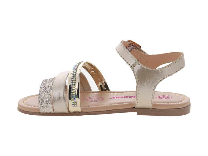 Sandalia plana para niña color dorado con correas de glitter y pedrería multicolor.