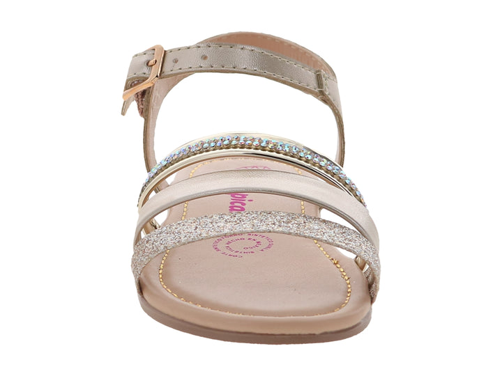Sandalia plana para niña color dorado con correas de glitter y pedrería multicolor.