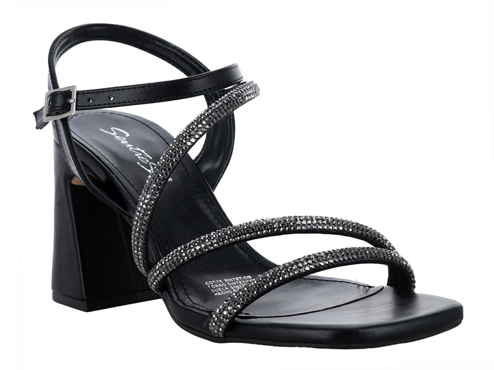 Sandalia negra para mujer con tacón cuadrado y tiras decoradas con pedrería brillante.