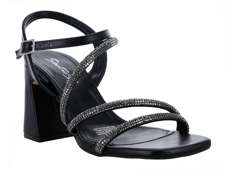 Sandalia negra para mujer con tacón cuadrado y tiras decoradas con pedrería brillante.