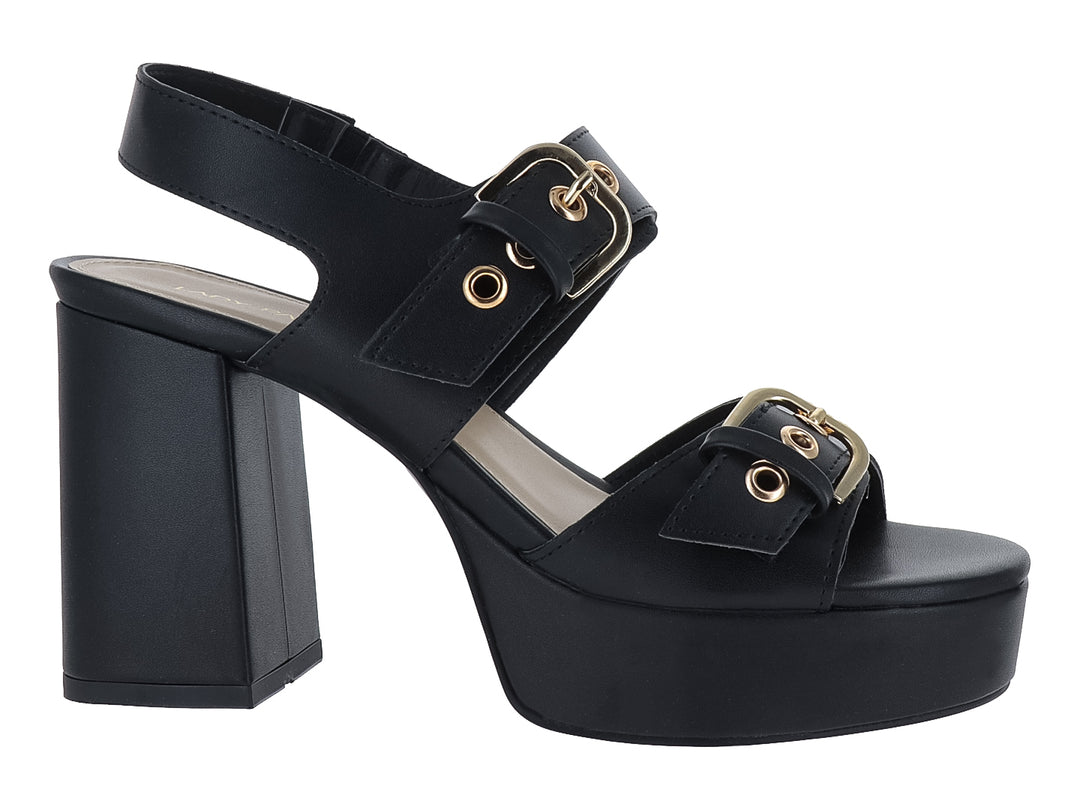 Sandalia negra de plataforma y tacón cuadrado con hebillas decorativas doradas para mujer.