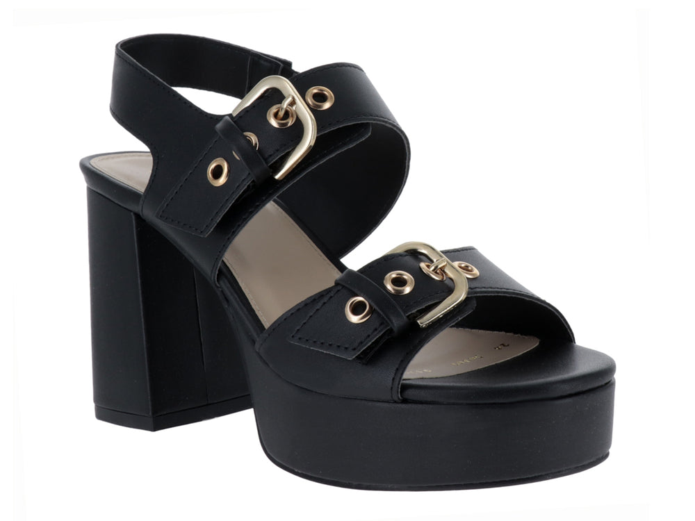 Sandalia negra de plataforma y tacón cuadrado con hebillas decorativas doradas para mujer.