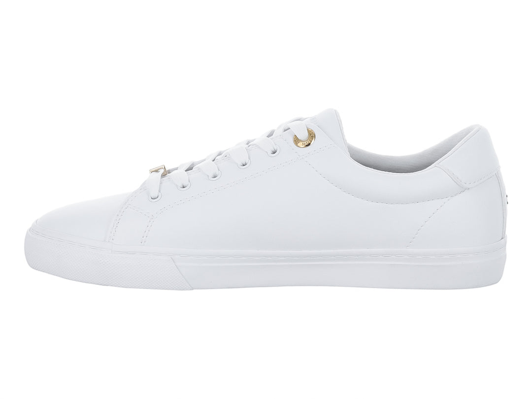 Tenis blancos de Tommy Hilfiger con franja multicolor lateral y detalles dorados.