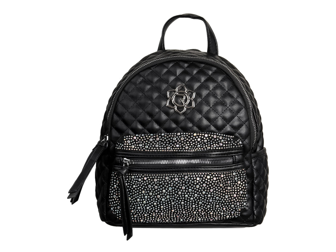 Mochila negra de cuero sintético con diseño acolchado y detalles de pedrería plateada en el bolsillo frontal.