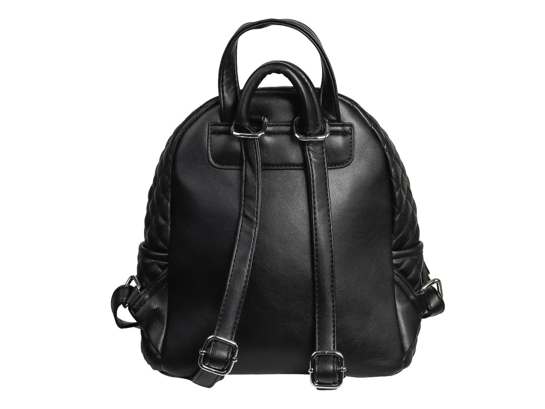 Mochila negra de cuero sintético con diseño acolchado y detalles de pedrería plateada en el bolsillo frontal.