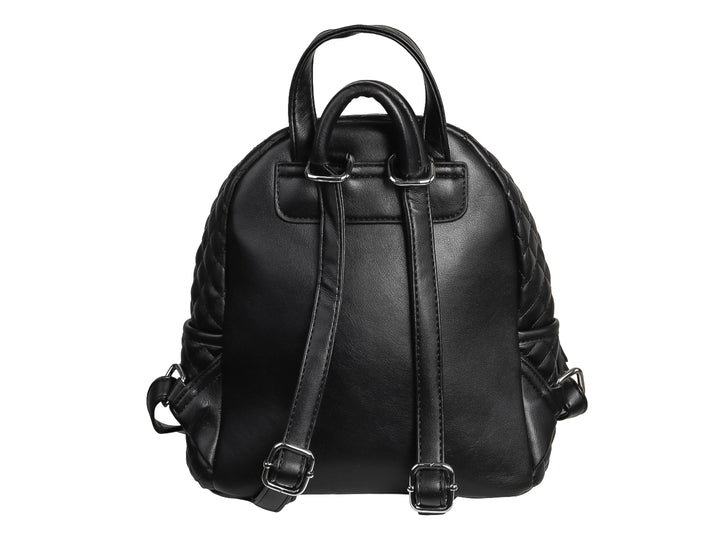 Mochila negra de cuero sintético con diseño acolchado y detalles de pedrería plateada en el bolsillo frontal.