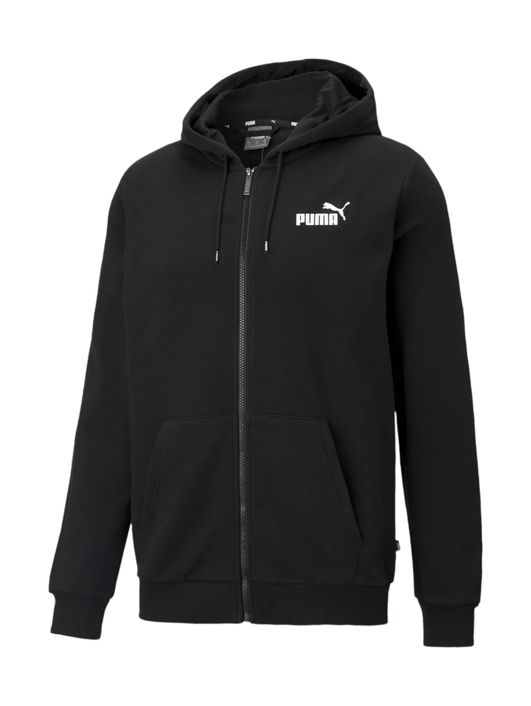 Sudadera negra PUMA con capucha y cierre frontal completo.